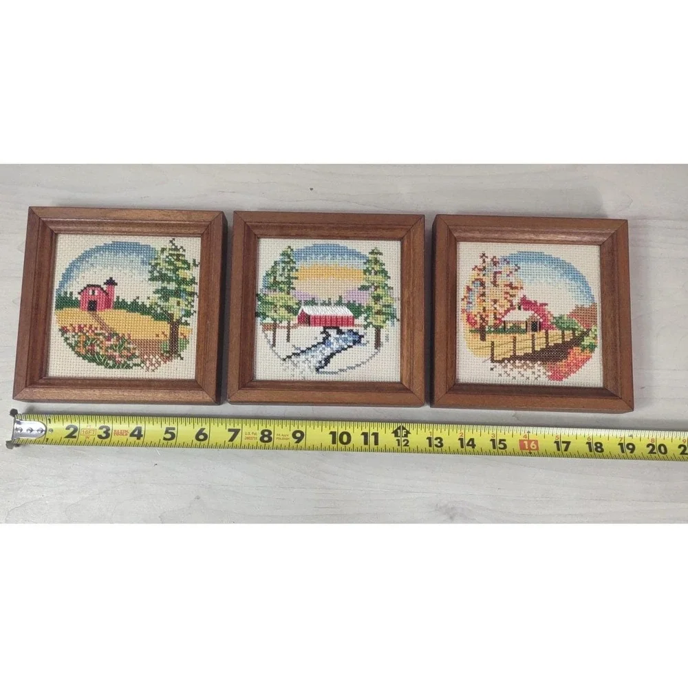 Vintage Completed Cross Stitch Framed Country Seasonal Landscapes Retro Decor